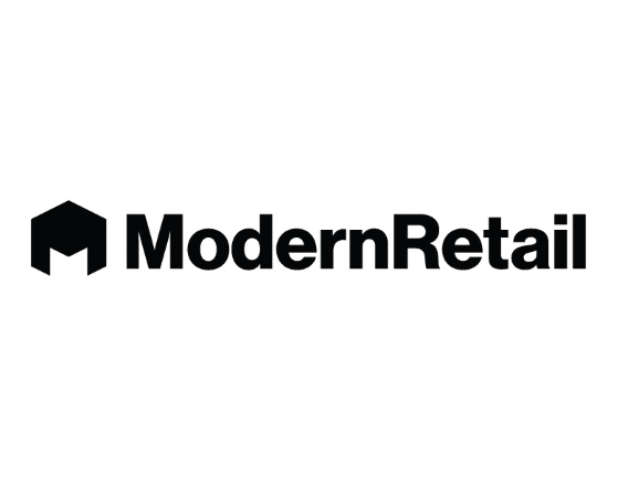 Black text reads ModernRetail in bold font. To the left, there is a black geometric logo resembling a stylized M within a hexagon. The background is light gray.