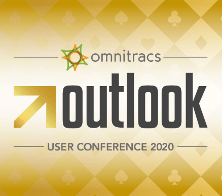Omnitracs Outlook User Conference 2020 logo with a gold, white, and yellow diamond-patterned background and bold black and gold text.