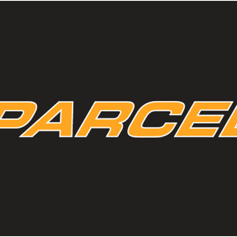 The image displays the word PARCEL in bold, uppercase, orange letters with a white outline, centered on a black background.