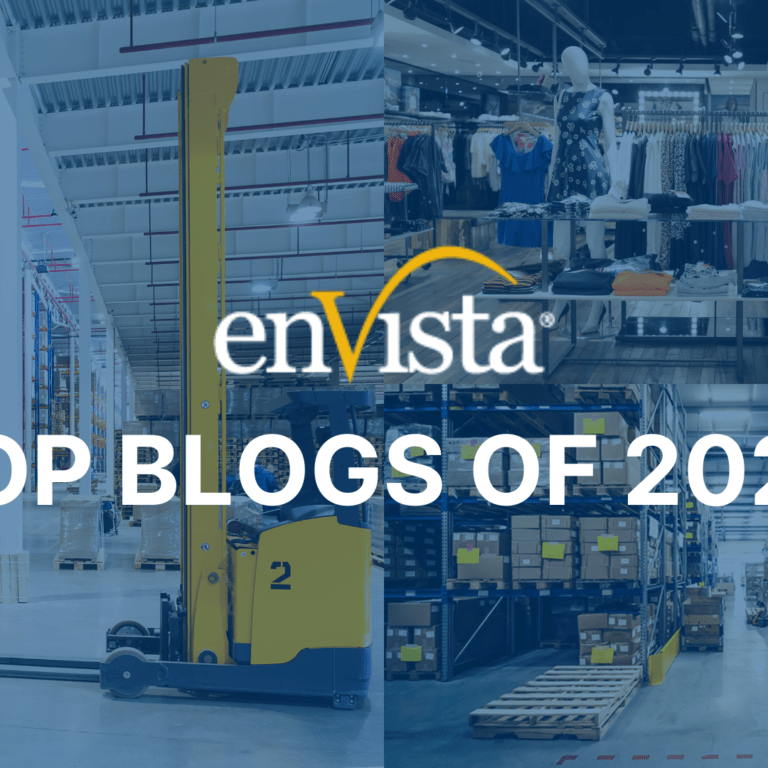 A collage featuring a warehouse, retail store, forklift, and storage area with the enVista logo and the text TOP BLOGS OF 2020 overlaid in white.