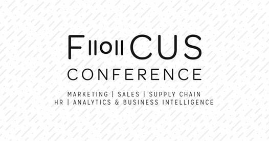 Image with the words FOCUS CONFERENCE and Marketing | Sales | Supply Chain | HR | Analytics & Business Intelligence on a white background with diagonal gray lines.