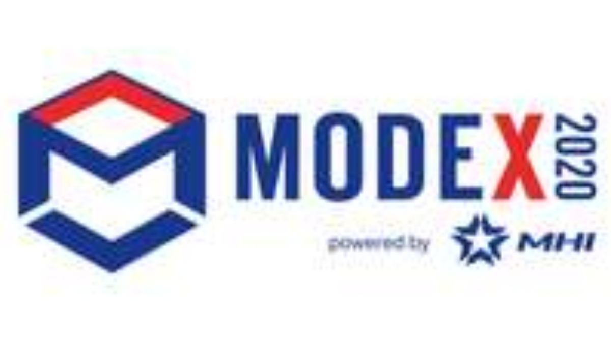 Logo for MODEX 2020, featuring a stylized blue and red geometric M icon, MODEX text with the “X” in red, and “2020” written vertically. Includes powered by MHI with a star logo.