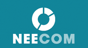 White circular pie chart logo above the text NEECOM on a teal background. NEE is in white, and COM is in a lighter teal shade.