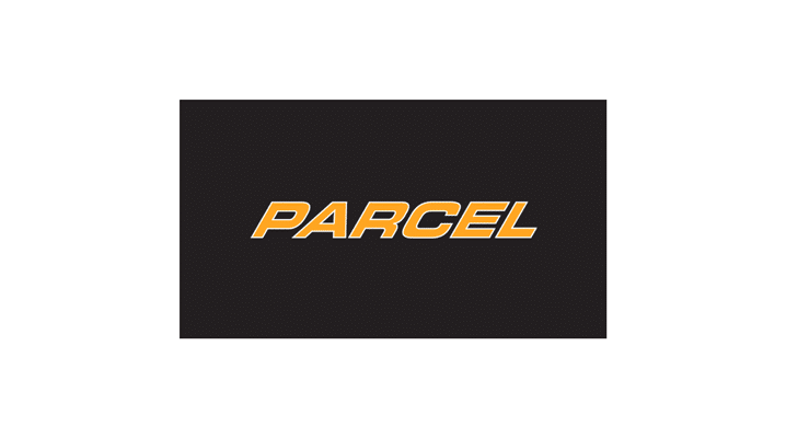The word PARCEL in bold, italicized yellow letters with a white outline, centered on a black background.