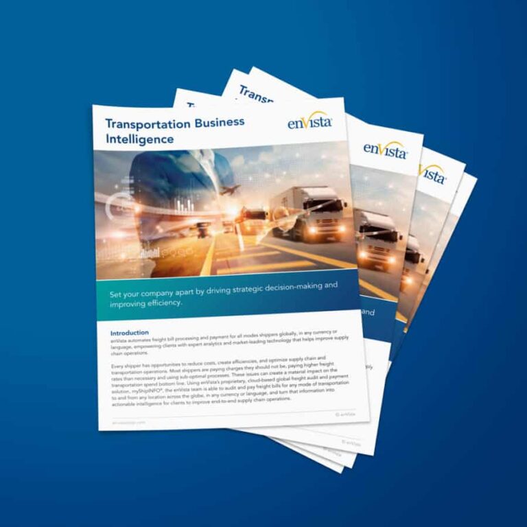 A stack of brochures titled Transportation Business Intelligence featuring images of trucks, a cargo ship, and digital graphs, set against a blue background. The enVista logo appears on the top right corner of each brochure.
