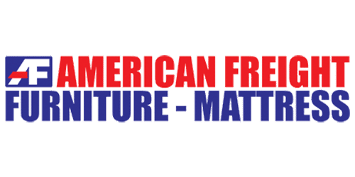 The American Freight logo features a stylized AF in white, red, and blue on the left, with AMERICAN FREIGHT FURNITURE - MATTRESS in bold red and blue text on a white background, reflecting the reliability found in Dynamics 365 Finance solutions.
