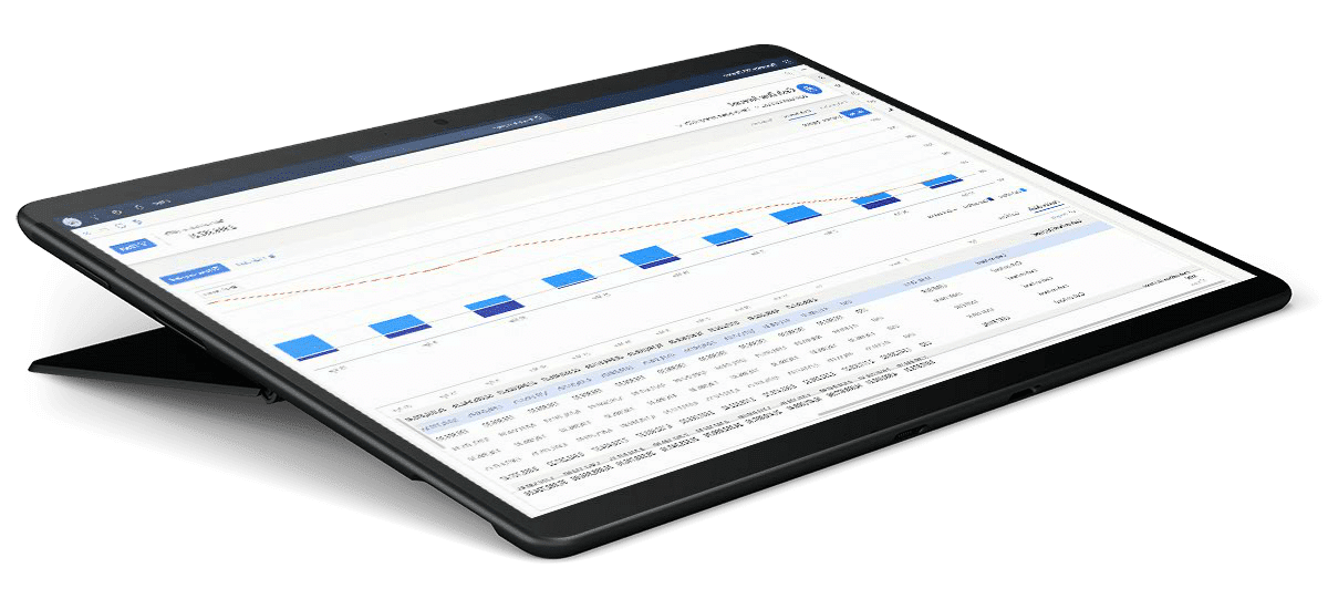 A black tablet lies at an angle displaying a Dynamics 365 Finance data analytics dashboard with bar charts, a line graph, and data tables on its screen. The background is plain white.