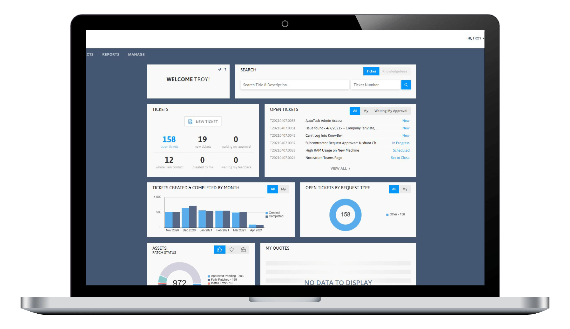 A laptop displays a dashboard with various widgets, including ticket stats, charts, open tickets, recent activity, and a search bar—all designed for streamlined network management on a blue and white user interface.