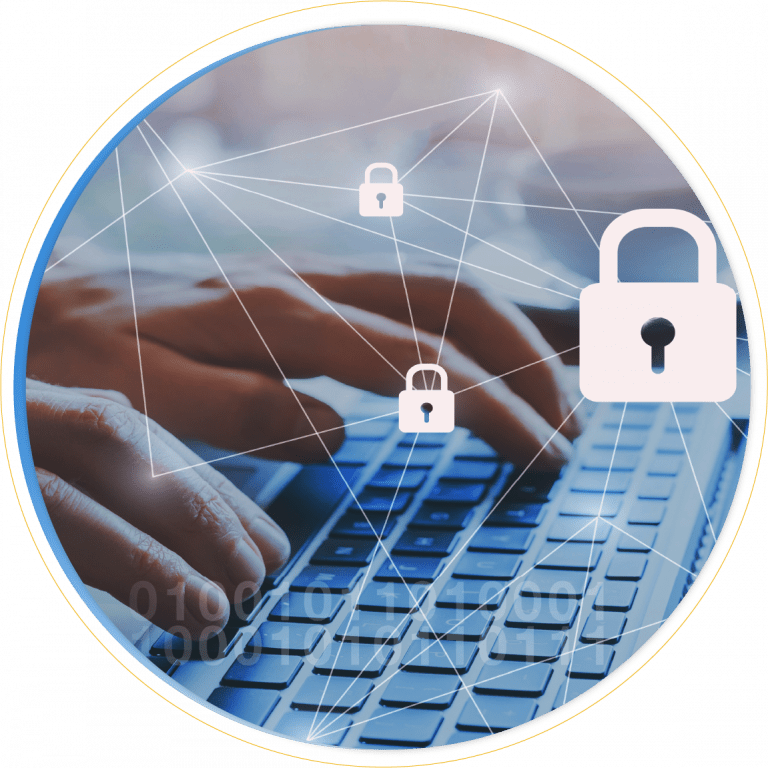 Hands typing on a laptop keyboard, overlaid with digital padlock icons and network lines, symbolizing cybersecurity, security management, and data protection.