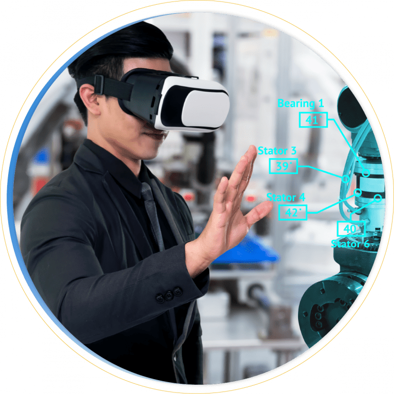 A man in a suit wearing a VR headset interacts with a virtual robotic interface displaying technical data, powered by Microsoft Dynamics 365 for Manufacturing, in a high-tech industrial setting.
