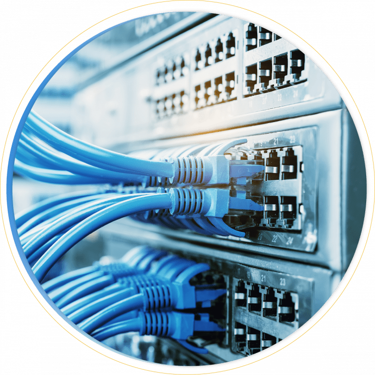 Close-up of several blue Ethernet cables plugged into network switches on a server rack, with a blurred background, highlighting data connectivity, networking, and efficient network management.