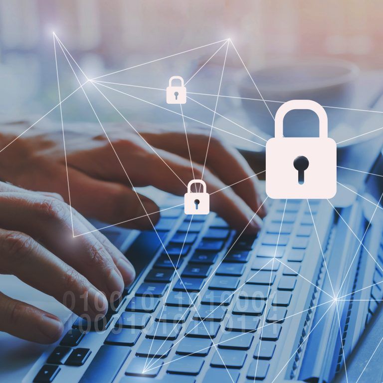 Close-up of hands typing on a laptop keyboard, with digital padlock icons and connecting lines overlaid, symbolizing cybersecurity, security management, data protection, and secure online communication.
