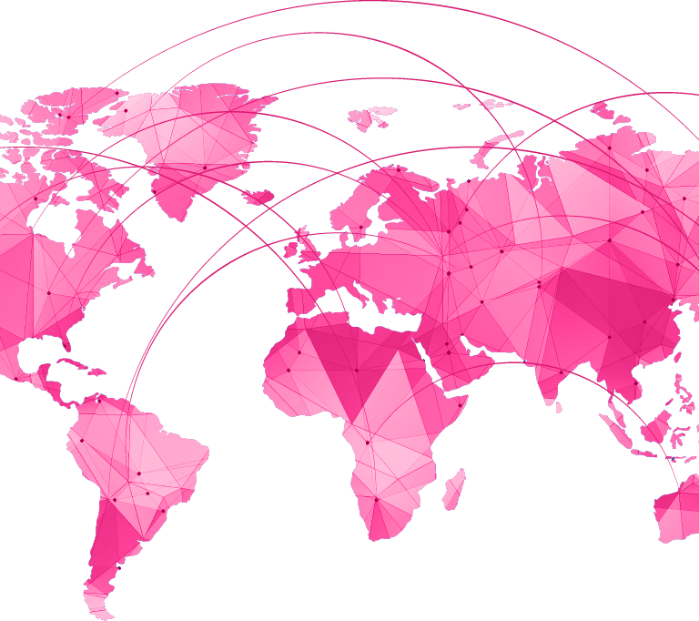 A stylized pink world map with polygonal shapes and dots, featuring curved lines connecting continents, visually represents global connections and Supply Chain Network Design & Optimization Services.
