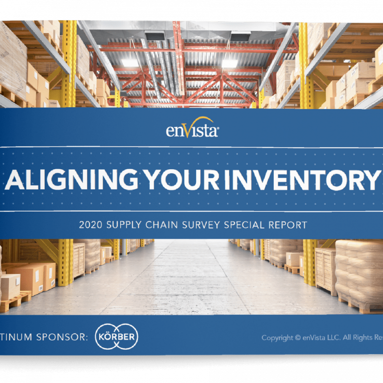 A warehouse aisle lined with shelves full of boxes is featured on a report cover titled Aligning Your Inventory: 2020 Supply Chain Survey Special Report by enVista, with Körber as the platinum sponsor.