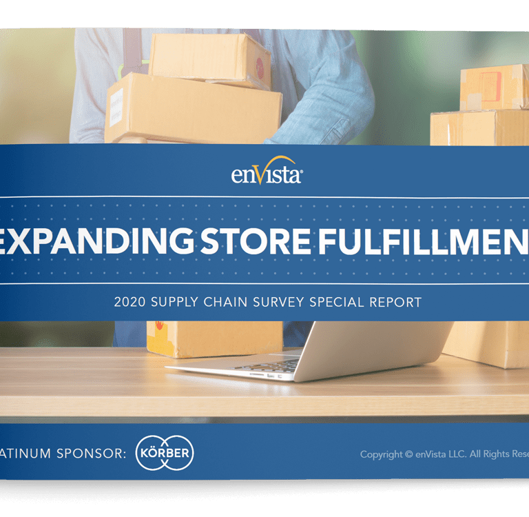 A report cover titled Expanding Store Fulfillment: 2020 Supply Chain Survey Special Report by enVista, with a person handling packages and a laptop on a desk. Platinum sponsor is Körber.