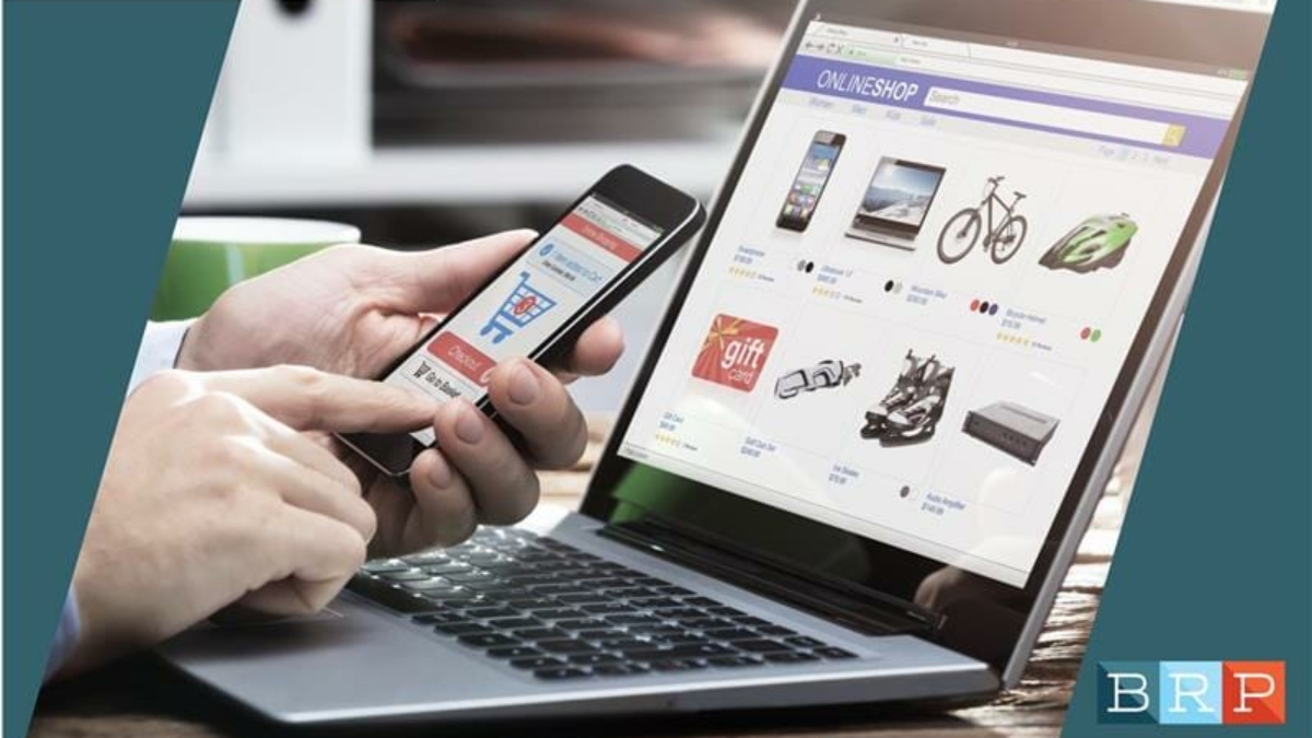 A person uses a smartphone and a laptop, both displaying online shopping websites. The image promotes the 2019 Special Report: The E-commerce Effect, sponsored by enVista and BRP.