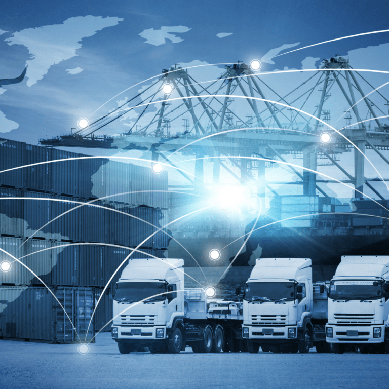 A montage showing trucks, shipping containers, cranes, and an airplane overlaid with a world map and connected network lines, representing global logistics and transportation.