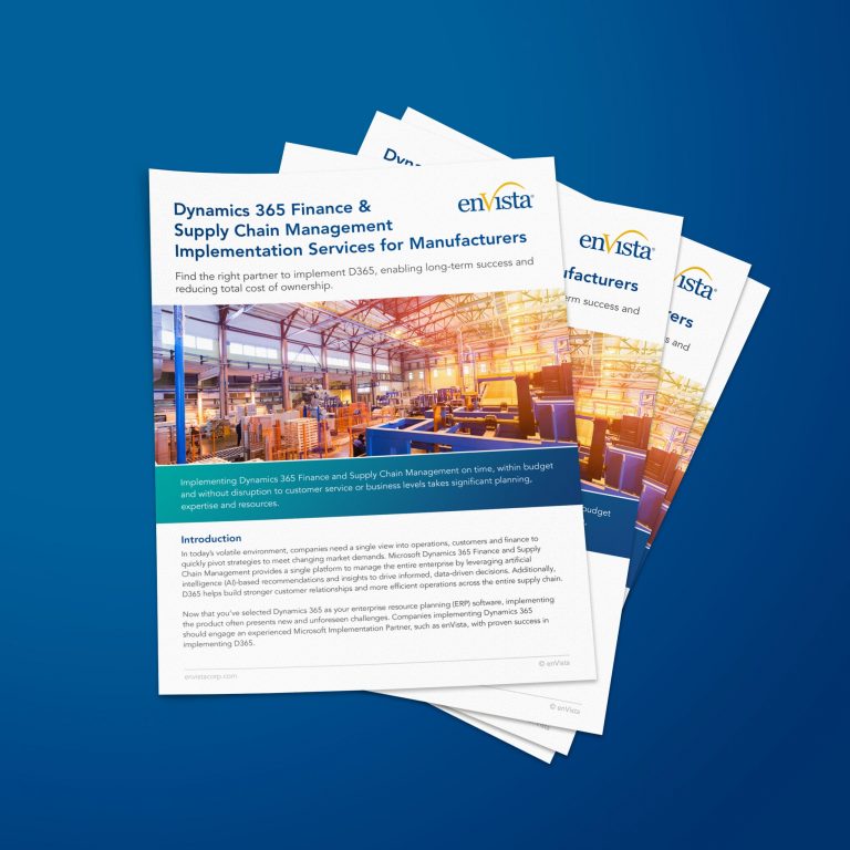 A stack of brochures titled Dynamics 365 Finance & Supply Chain Management Implementation Services for Manufacturers by enVista, featuring an image of a warehouse with shelves and boxes on the cover.