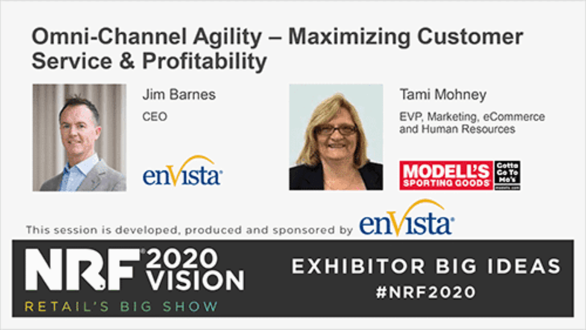 A promotional graphic for an NRF 2020 Vision event features speakers Jim Barnes (enVista CEO) and Tami Mohney (Modell’s Sporting Goods EVP) on omni-channel agility, with their photos, logos, and event details on a gray background.
