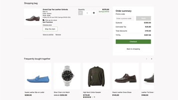 Screenshot of an online shopping cart in Dynamics 365 Commerce featuring Grand Ser Tau Leather Oxfords, an order summary with total price, and a Frequently bought together section showcasing shoes, a watch, and a green sweater.