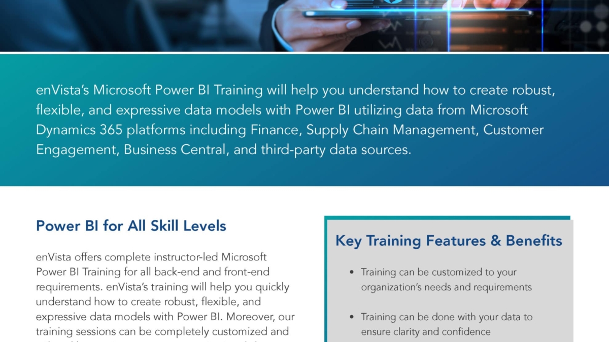 A promotional flyer for enVista’s Microsoft Power BI Training, featuring text about course benefits, skills covered, and key features. The design uses blue, white, and gray tones with enVista’s logo at the top right.