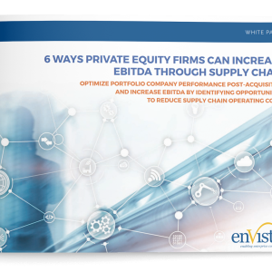 A white paper cover titled 6 Ways Private Equity Firms Can Increase EBITDA Through Supply Chain, featuring network connections imagery, the enVista logo, and text on optimizing portfolio performance and reducing costs.