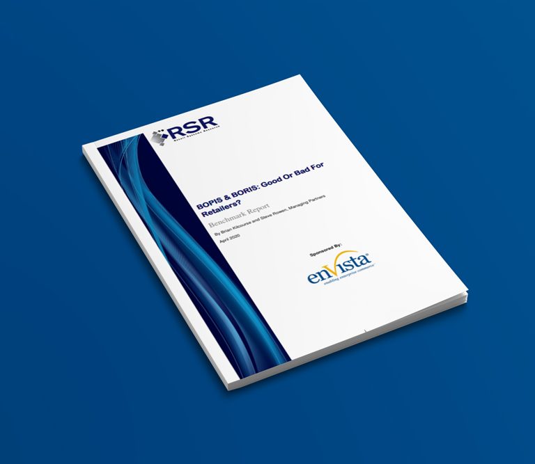 A printed report with a white cover featuring blue abstract design, titled BOPIS & BORIS: Good Or Bad For Retailers? placed on a blue surface. The cover displays RSR and enVista logos.