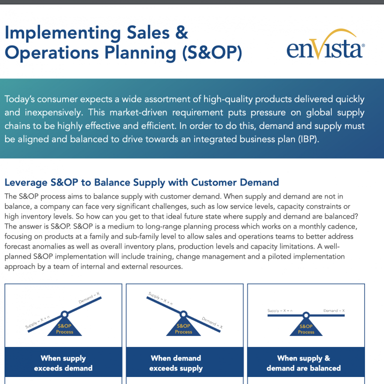 An informational graphic by enVista about implementing Sales & Operations Planning (S&OP), featuring text on aligning supply and demand, a green text box, and three diagrams showing supply and demand balance scenarios with arrows and seesaws.