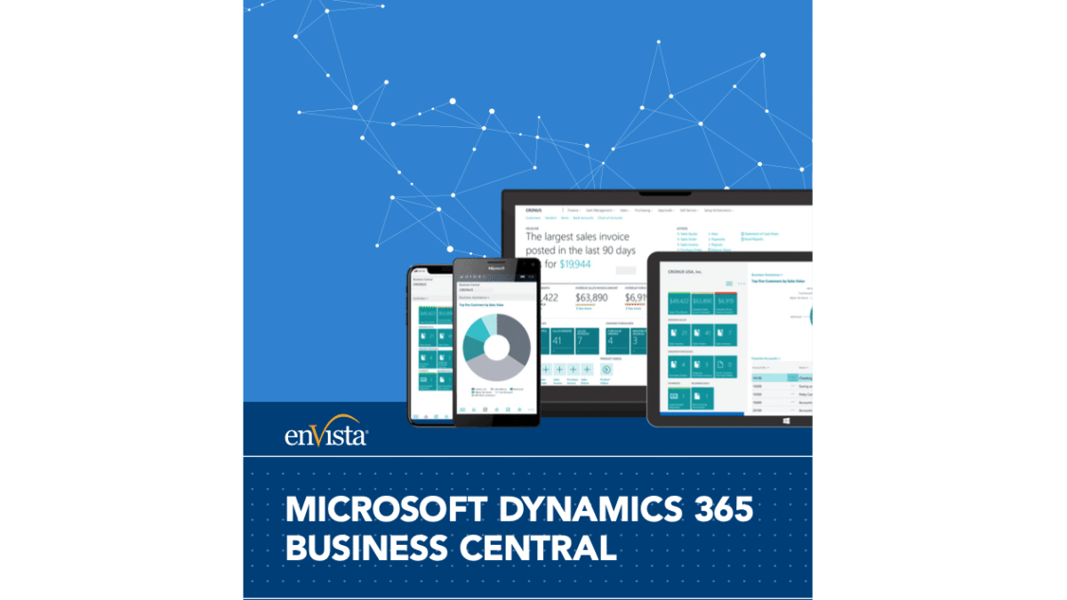 Multiple devices displaying dashboard interfaces are shown above the text Dynamics 365 Business Central and the enVista logo, set against a blue background with a network graphic.