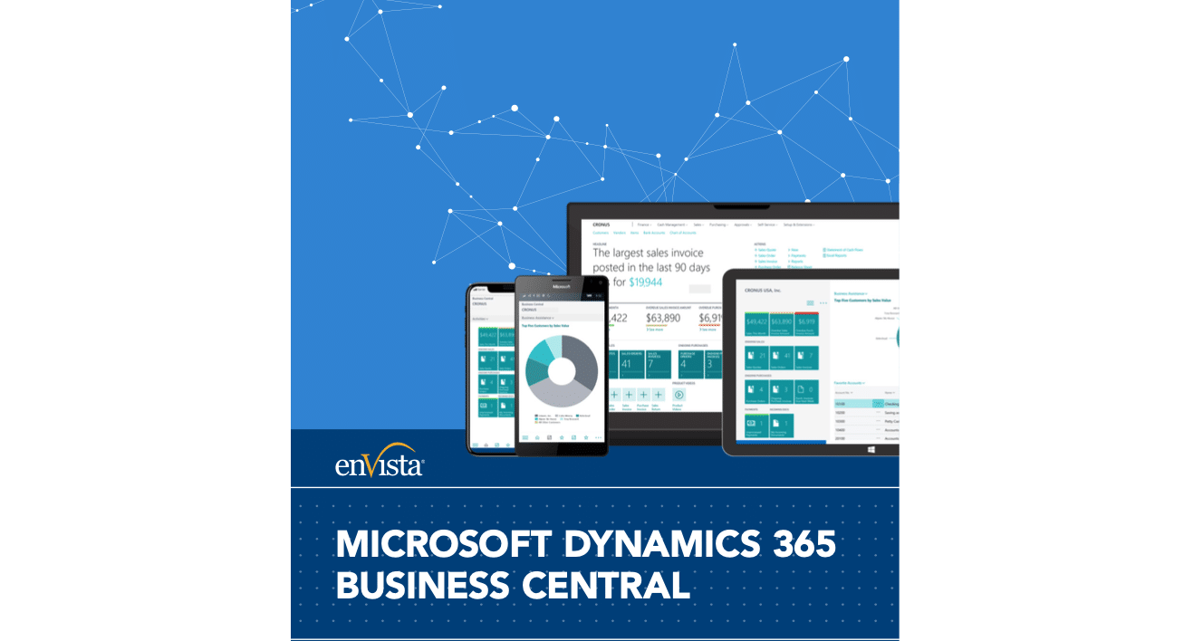 Multiple devices displaying dashboard interfaces are shown above the text Dynamics 365 Business Central and the enVista logo, set against a blue background with a network graphic.