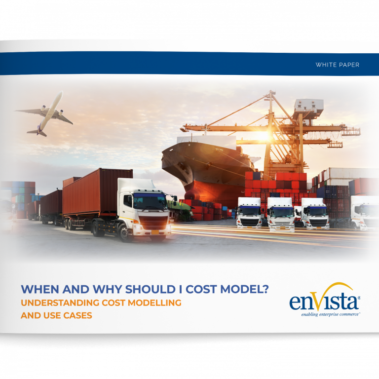 A white paper cover featuring a cargo ship, shipping containers, trucks, and an airplane. The title reads When and Why Should I Cost Model? Understanding Cost Modelling and Use Cases. The enVista logo is at the bottom right.