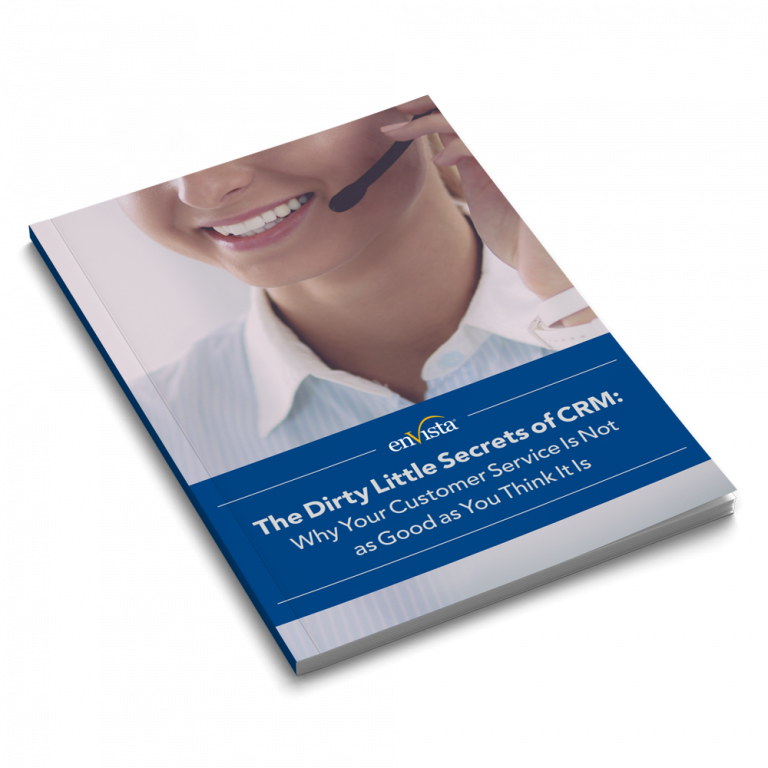 A book titled The Dirty Little Secrets of CRM: Why Your Customer Service is Not as Good as You Think It Is with a cover image of a smiling woman wearing a headset.