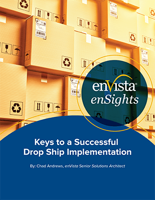 Stacks of cardboard shipping boxes with recycling symbols are shown behind a blue circular banner. The banner reads: Keys to a Successful Drop Ship Implementation by Chad Andrews, enVista Senior Solutions Architect.