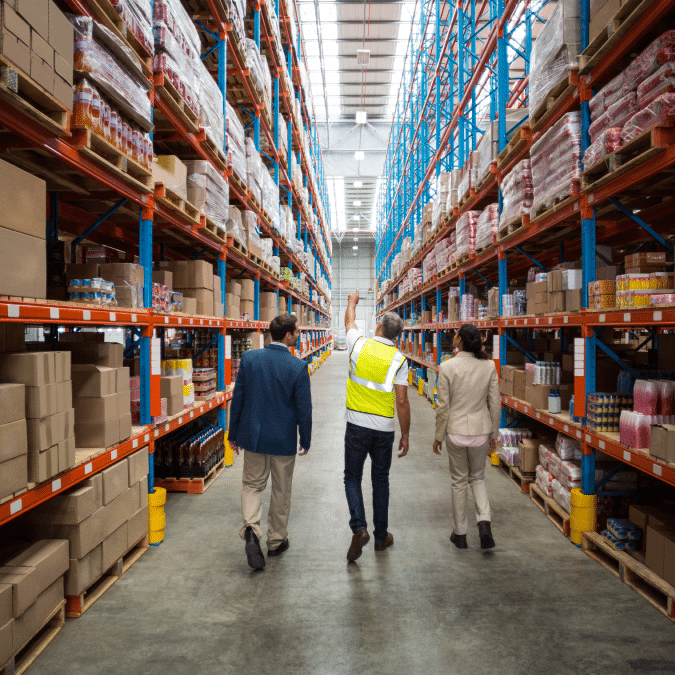 Three people walk down an aisle in a large warehouse, surrounded by tall shelves stocked with boxes and products. One person wears a yellow safety vest, while the others are in business attire.