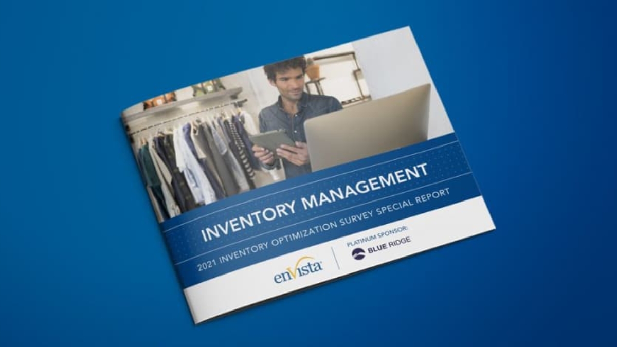 A brochure titled Inventory Management: 2021 Inventory Optimization Survey Special Report features a man using a tablet and computer, with clothing racks in the background. Logos for enVista and Blue Ridge are also shown.