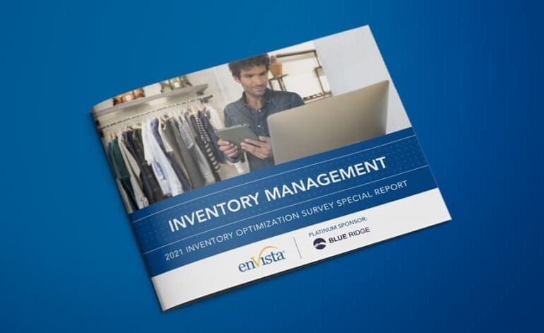A brochure titled Inventory Management: 2021 Inventory Optimization Survey Special Report features a man using a tablet and computer, with clothing racks in the background. Logos for enVista and Blue Ridge are also shown.