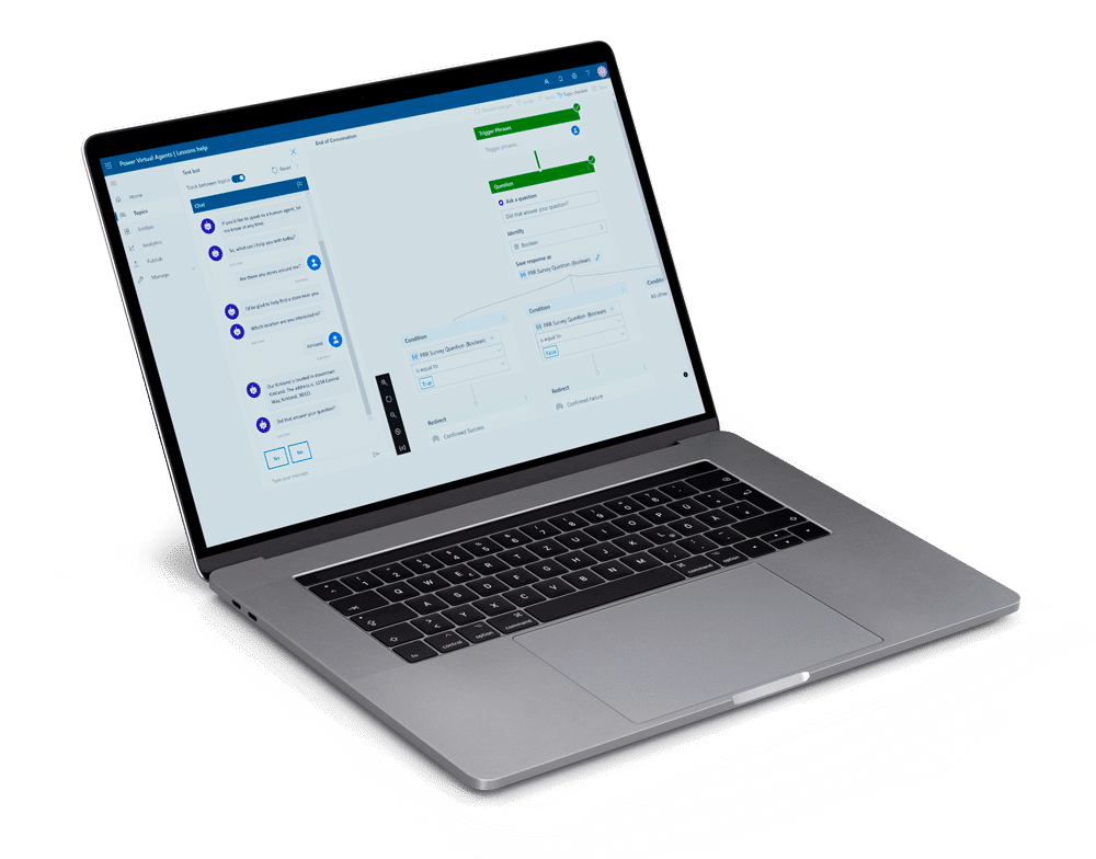A silver laptop displaying a Microsoft Power Virtual Agents chatbot design interface with a flowchart and options on the screen, against a plain white background.