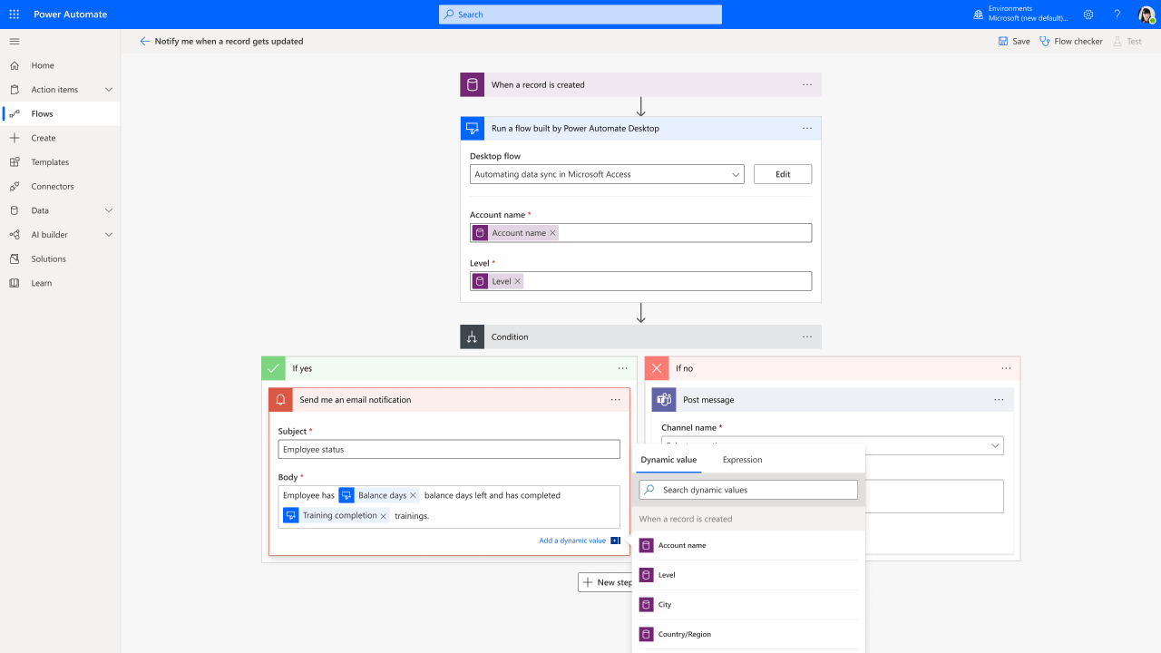 Screenshot of a Power Automate flow, ideal for Power Automate Consulting, showcasing steps like running a desktop flow, conditional branching, sending an email if true, and posting a Teams message if false. Various parameters and fields are visible for each step.