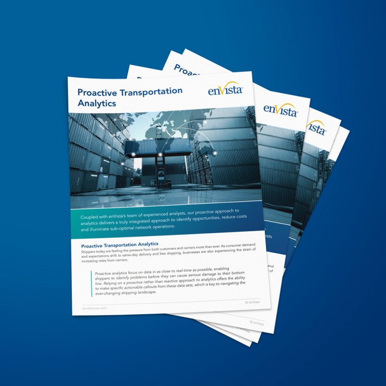 A stack of brochures titled Proactive Transportation Analytics from enVista, featuring an image of a shipping container yard and a world map graphic on the cover, displayed on a blue background.