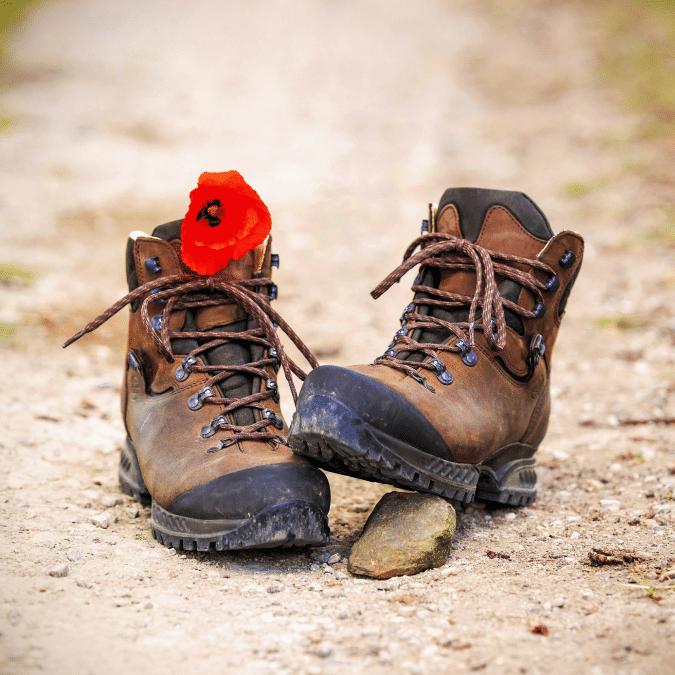 A pair of worn brown hiking boots sits on a dirt path, with a single red poppy flower tucked into the laces of the left boot.