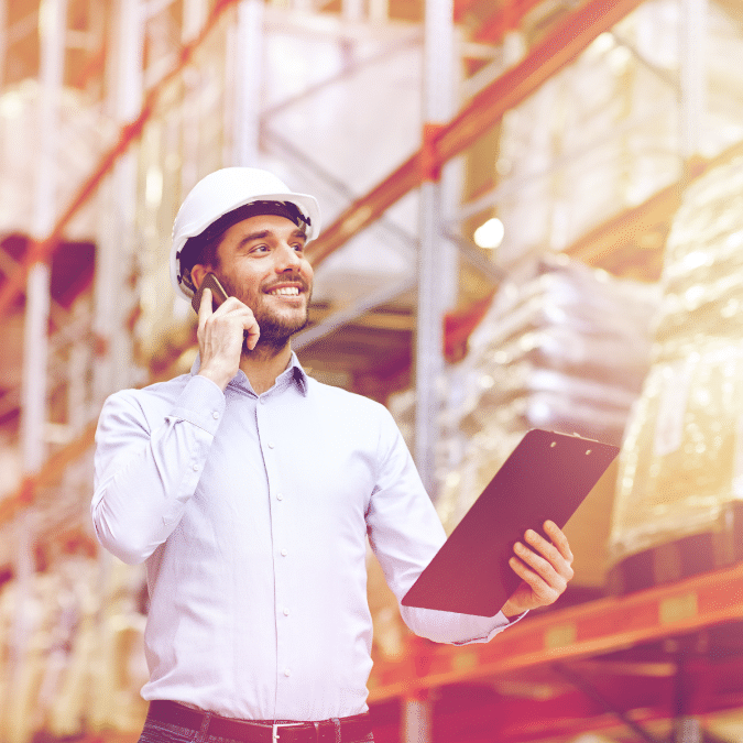 A man wearing a white safety helmet stands in a warehouse, smiling while talking on a phone and holding a clipboard. Shelves stocked with boxes and packages are visible in the background.