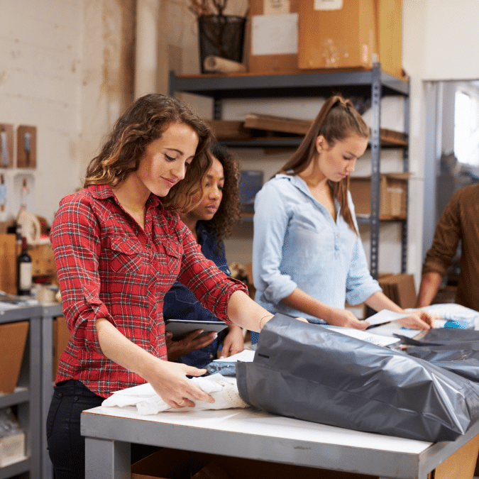 Three women stand at a table in a workshop or warehouse, sorting and folding clothes. Shelves with boxes and supplies are in the background. They appear focused on their task.