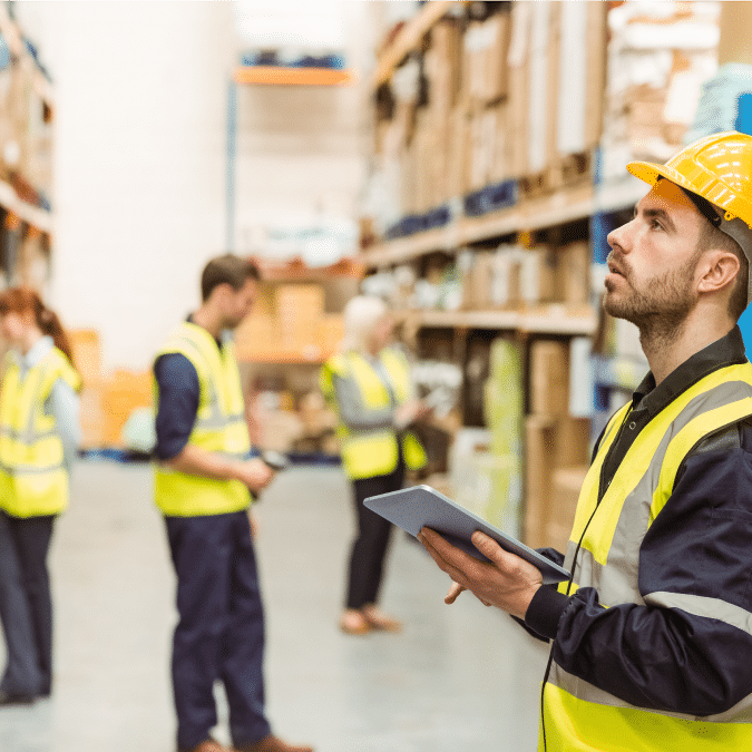 A warehouse worker in a yellow hard hat and safety vest holds a tablet and looks upward, with shelves of boxes in the background and other workers inspecting inventory.