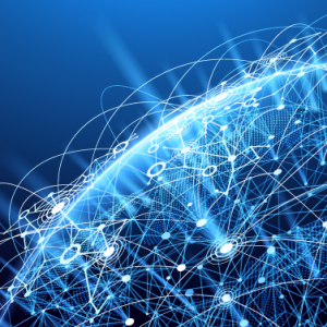 A digital illustration of Earth from space, overlaid with glowing blue network lines and nodes, symbolizing global connectivity and the vital role of supply chain strategy in advanced technology.