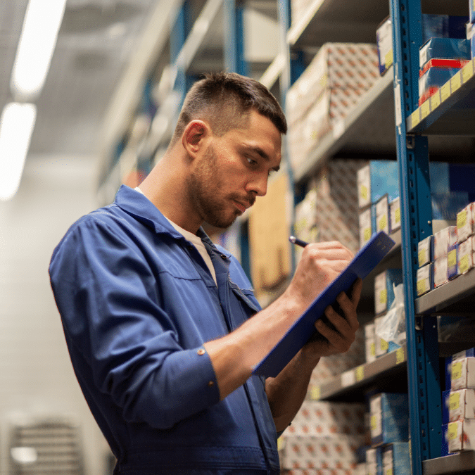 A man in a blue work uniform writes on a clipboard while standing beside shelves filled with boxes and parts in a warehouse or storage facility.