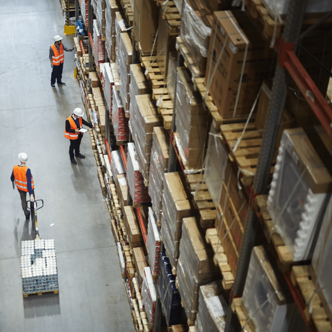 Three workers in safety vests and helmets are in a large warehouse with tall shelves stacked with boxes and pallets. One worker pulls a pallet jack while two others check inventory on clipboards.
