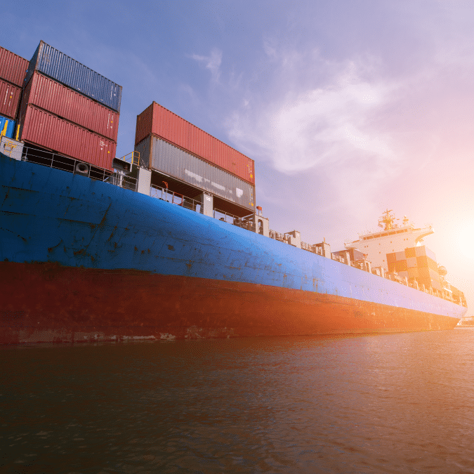 A large blue cargo ship loaded with stacked shipping containers sails on calm water under a clear sky, with the sun setting in the background.