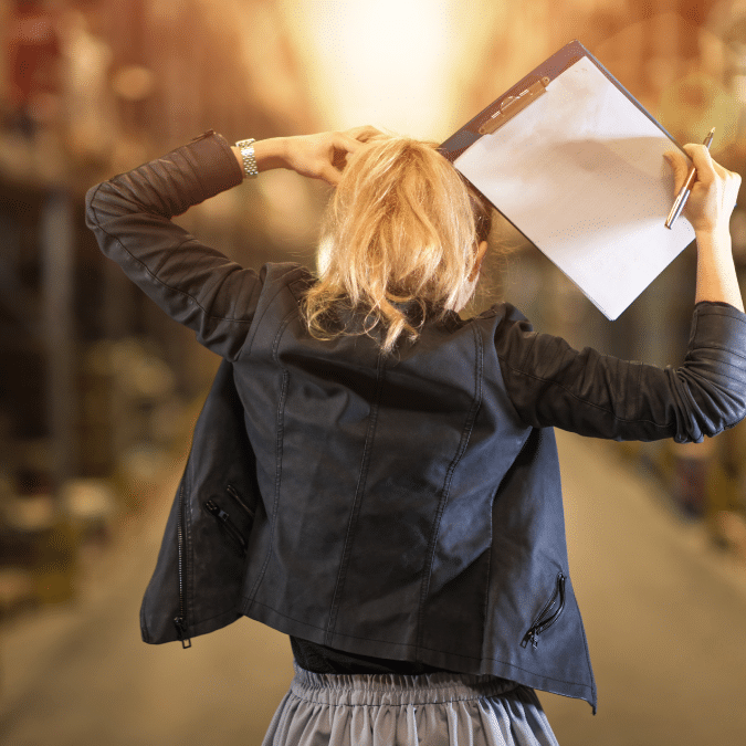 A woman with blonde hair, seen from behind, stands in a warehouse holding a clipboard and scratching her head, appearing thoughtful or puzzled.