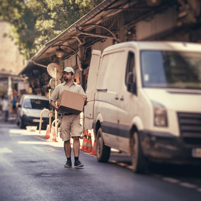 A delivery worker in a uniform and cap carries a cardboard box on a city street, walking near a white van parked at the curb with traffic cones nearby. Trees and other vehicles are in the background.
