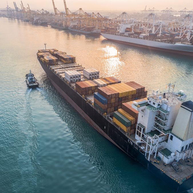 Aerial view of a large cargo ship loaded with colorful shipping containers sailing through a busy harbor, with cranes and container stacks visible along the port at sunset.